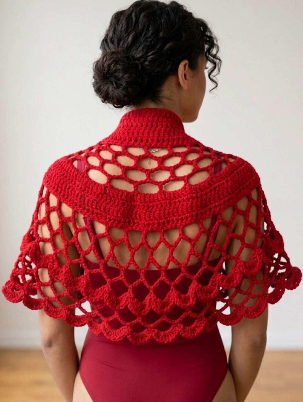 Handmade Red Crochet One-Shoulder Shawl Unique 5-way Hand Knit Summer Boho Piece - Picture 3 of 16